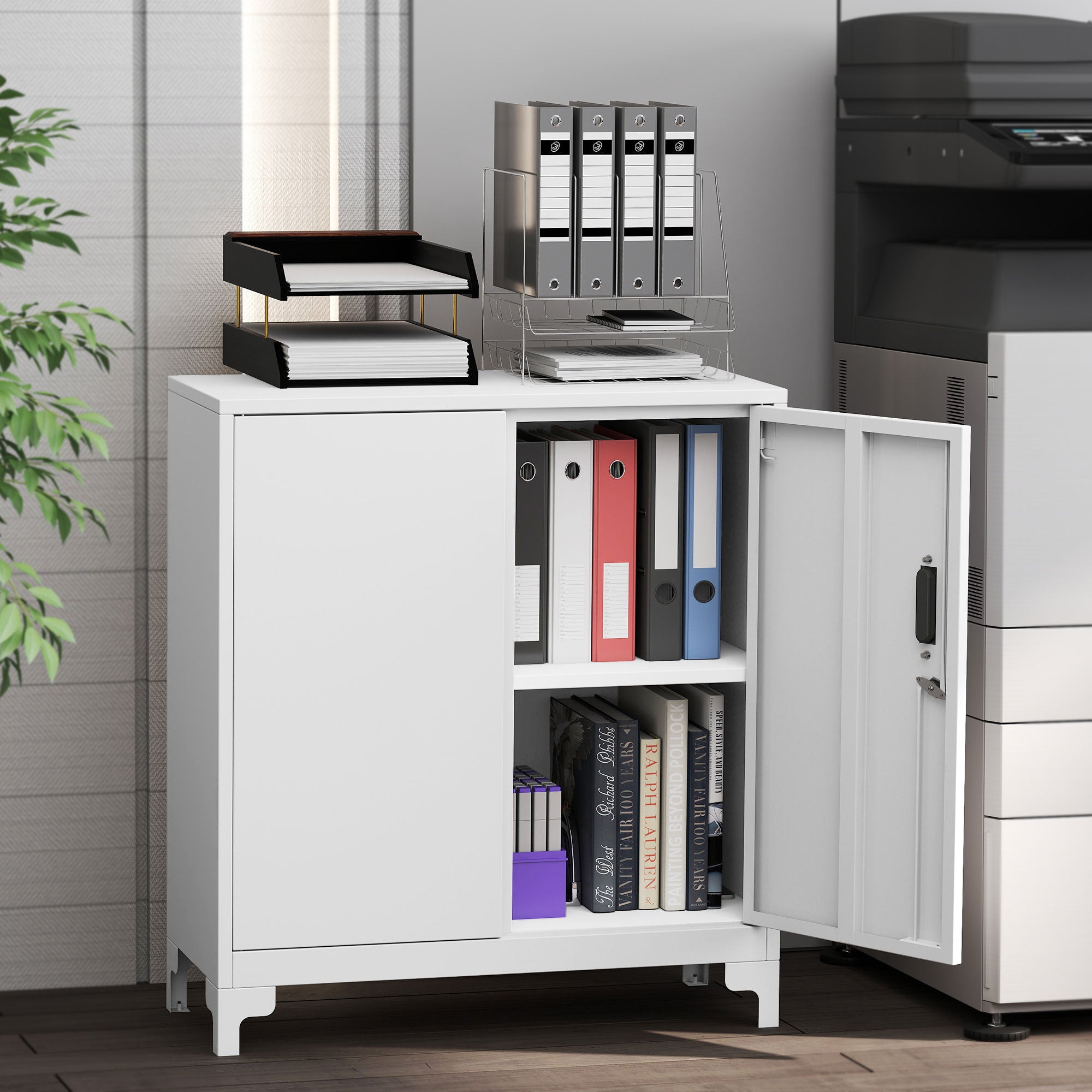 HOMCOM Lockable Metal Filing Cabinet, 2-Tier Storage Cupboard with Double Doors, Modern Office Organiser, White 