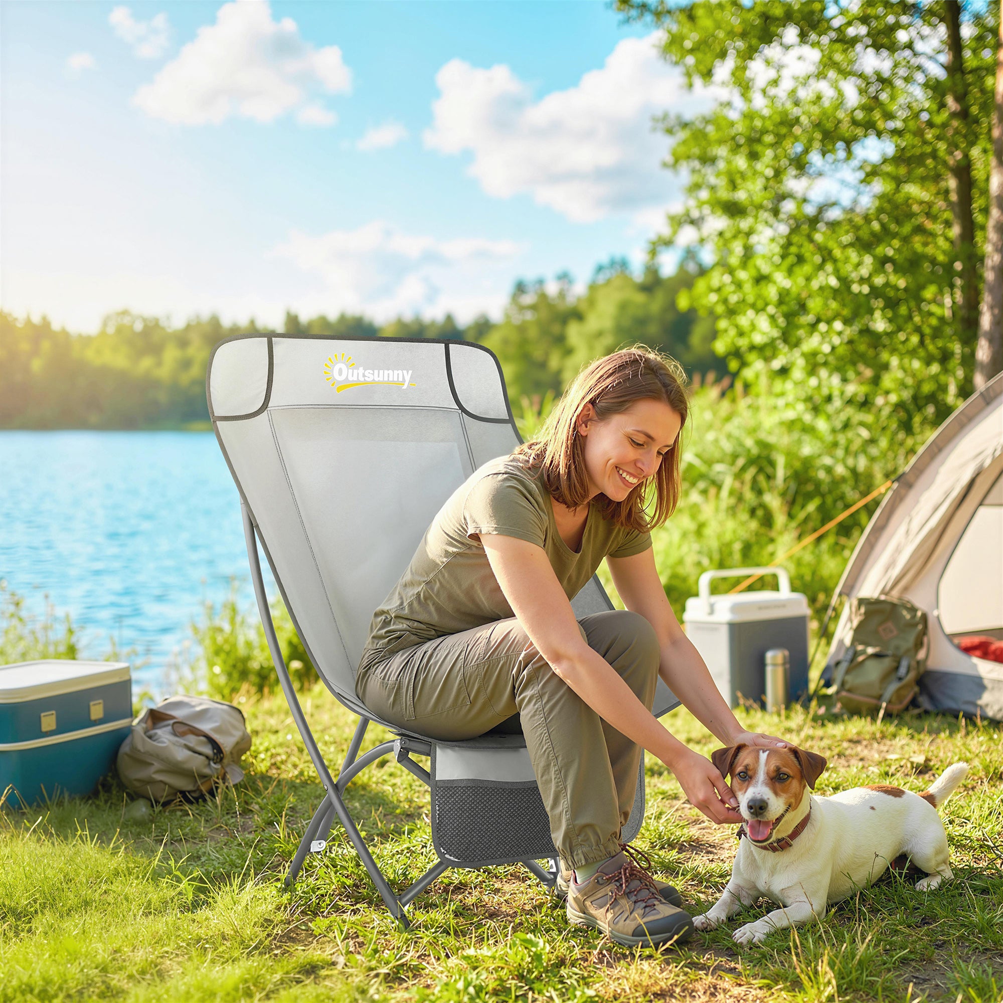 Outsunny Camping Chair for Adults Heavy Duty Folding Camp Chair with Side Pocket and Carry Bag Light Grey 