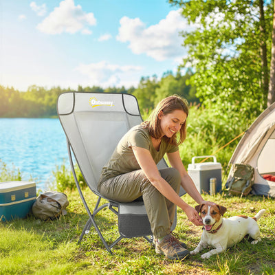 Outsunny Camping Chair for Adults Heavy Duty Folding Camp Chair with Side Pocket and Carry Bag Light Grey 
