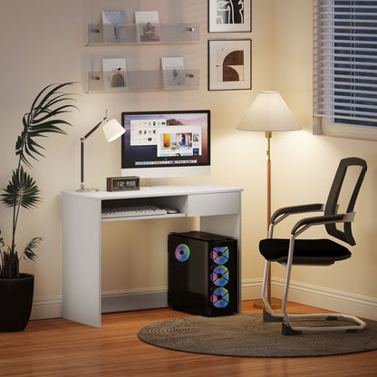 HOMCOM Compact Computer Desk with Keyboard Tray, Home Office Desk with Drawer for Bedroom Study, White 