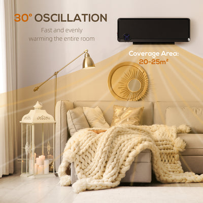 HOMCOM Wall Downflow Heater 2 Heat and Fan 1000W/2000W, Electric Space Heater with Timer Remote Oscillating, for Bedroom Home Office, Black 