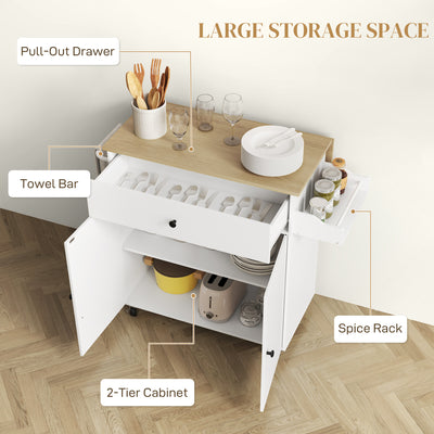 HOMCOM Rolling Kitchen Island with Drop Leaf, Kitchen Storage Cart with Drawer, Spice Rack and Towel Rack, White 