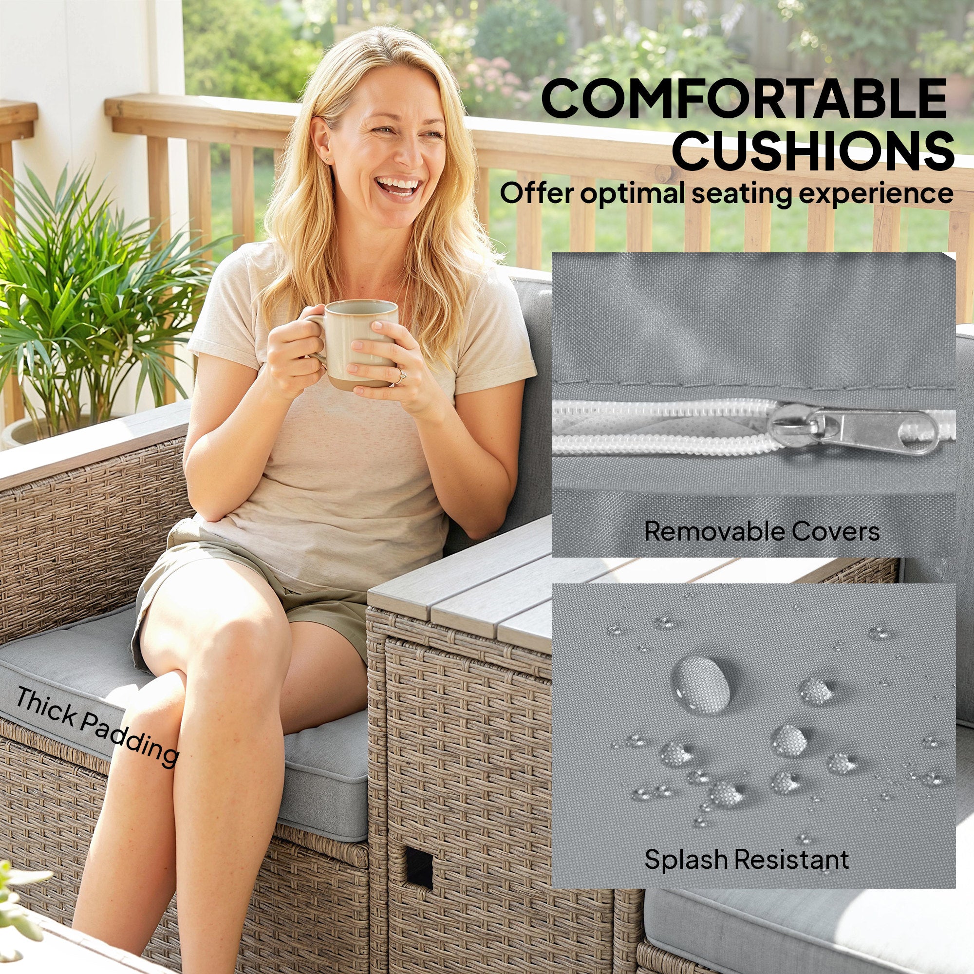 Outsunny 5 Piece Rattan Garden Furniture Set with Storage Table, Footstools, Cushions, Dark Grey 