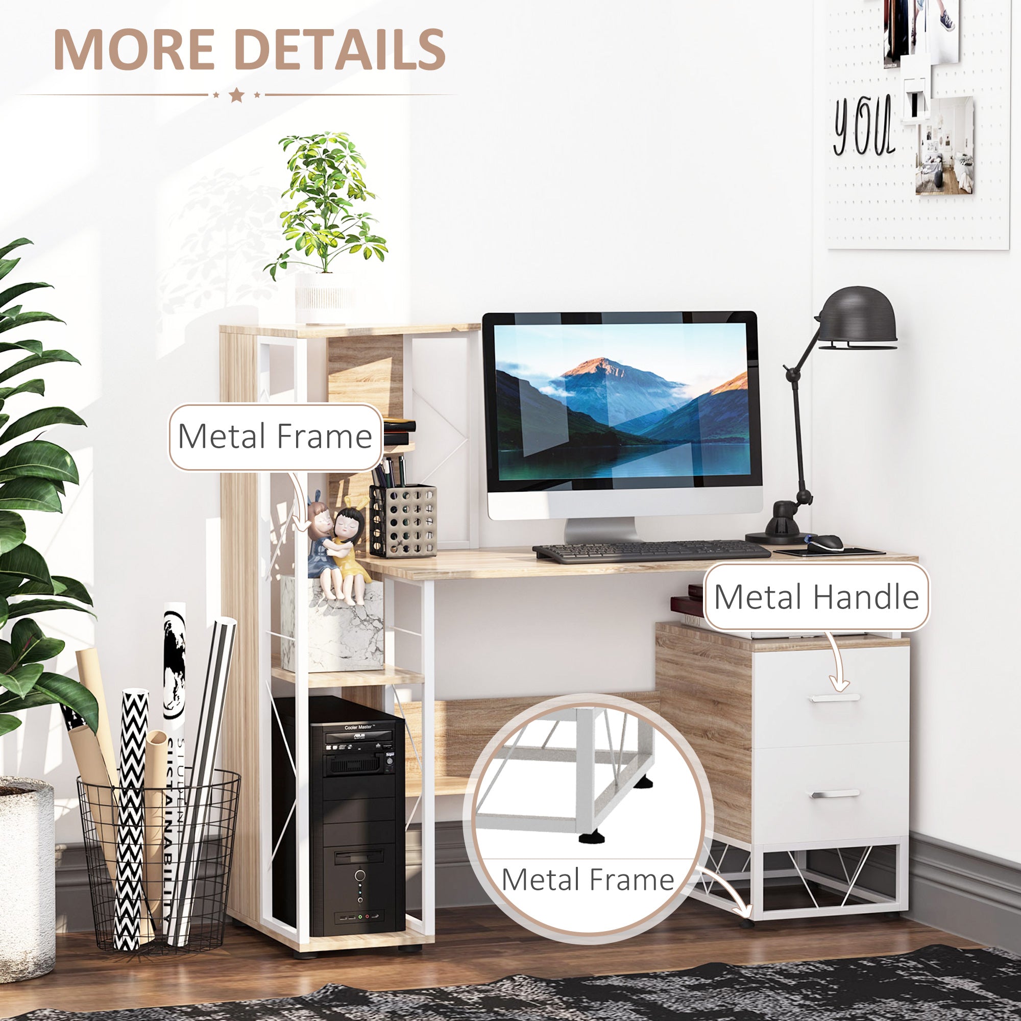 HOMCOM Computer Desk with Drawers and Bookshelf, Writing Desk for Home Office with Storage Shelves, Study Workstation, Oak 