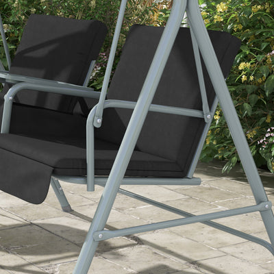 Outsunny 2 Seater Garden Swing Chair Patio Rocking Bench w/ Tilting Canopy, Double Padded Seats, Storage Bag and Tray, Black 