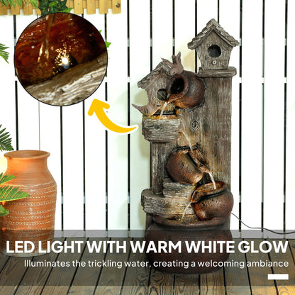 Outsunny 2-in-1 Waterfall Fountain with Birdhouse, Resin Garden Water Fountain with LED Lights Pump, Cascading Garden Water Feature with Tree Trunk Design, Multi-colour 