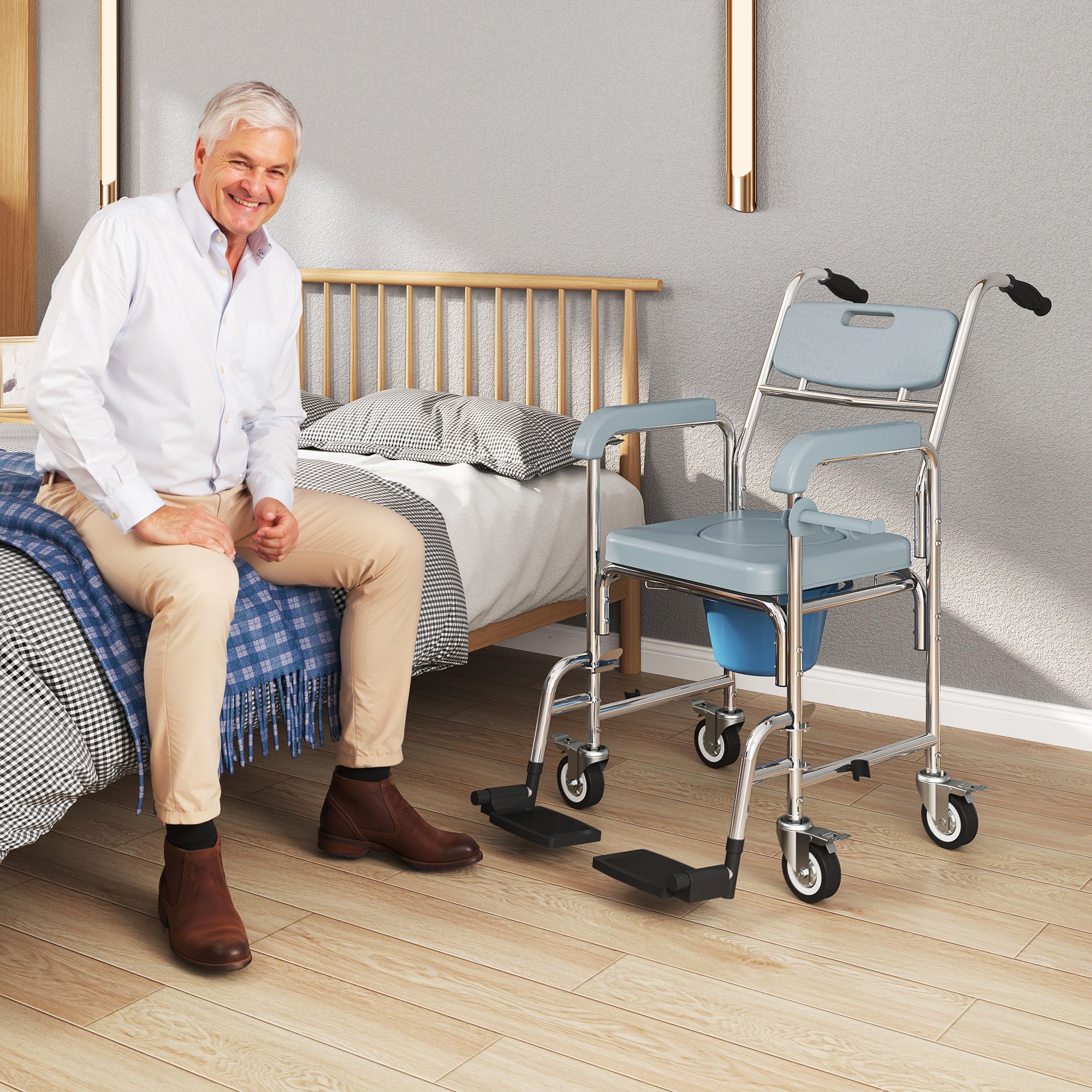 HOMCOM Rolling Shower Wheelchair for Seniors, Bedside Commode Chair with Locking Wheels, Seat, Backrest, Arms, Grey 