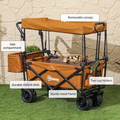 Outsunny Folding Trolley Cart Storage Wagon Beach Trailer 4 Wheels with Handle Overhead Canopy Cart Push Pull For Shopping Camping, Orange 