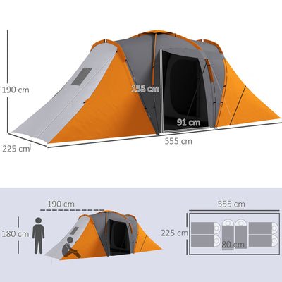 Outsunny Large Camping Tent Tunnel Tent with 2 Bedroom and Living Area, 2000mm Waterproof, Portable with Bag for 4-6 Man, Orange 