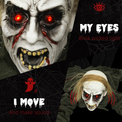 HOMCOM 167 cm Outdoor Halloween Decoration Crawling Zombie, Animated Prop Decor with Sound Activated, Light Up Eyes