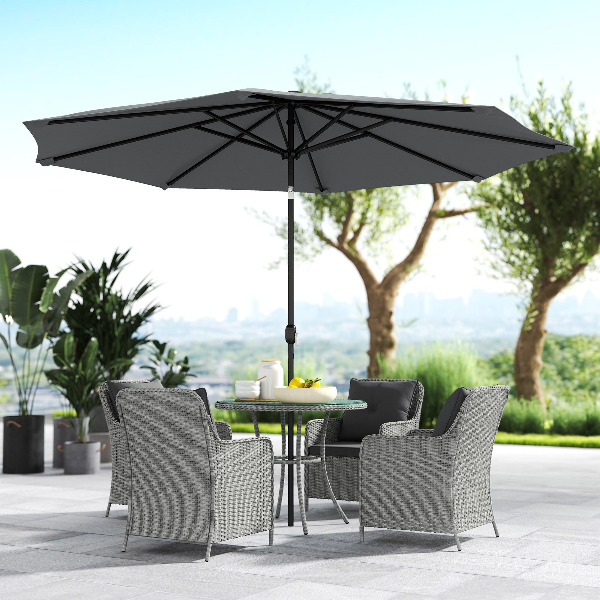 Outsunny 4 Seater Rattan Dining Set with Parasol & Cushions - Light Grey 