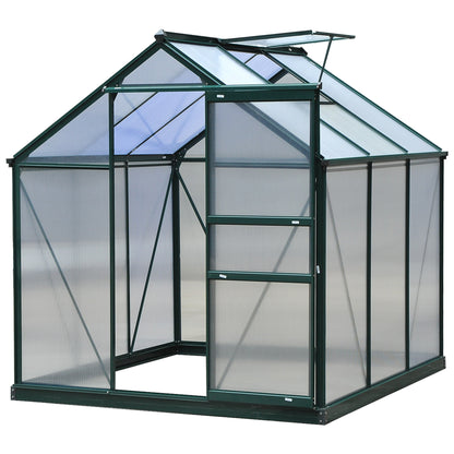 Outsunny 6 x 6ft Polycarbonate Greenhouse, Large Walk-In Green House with Slide Door and Window, Garden Plants Grow House with Aluminium Frame and Foundation, Dark Green 