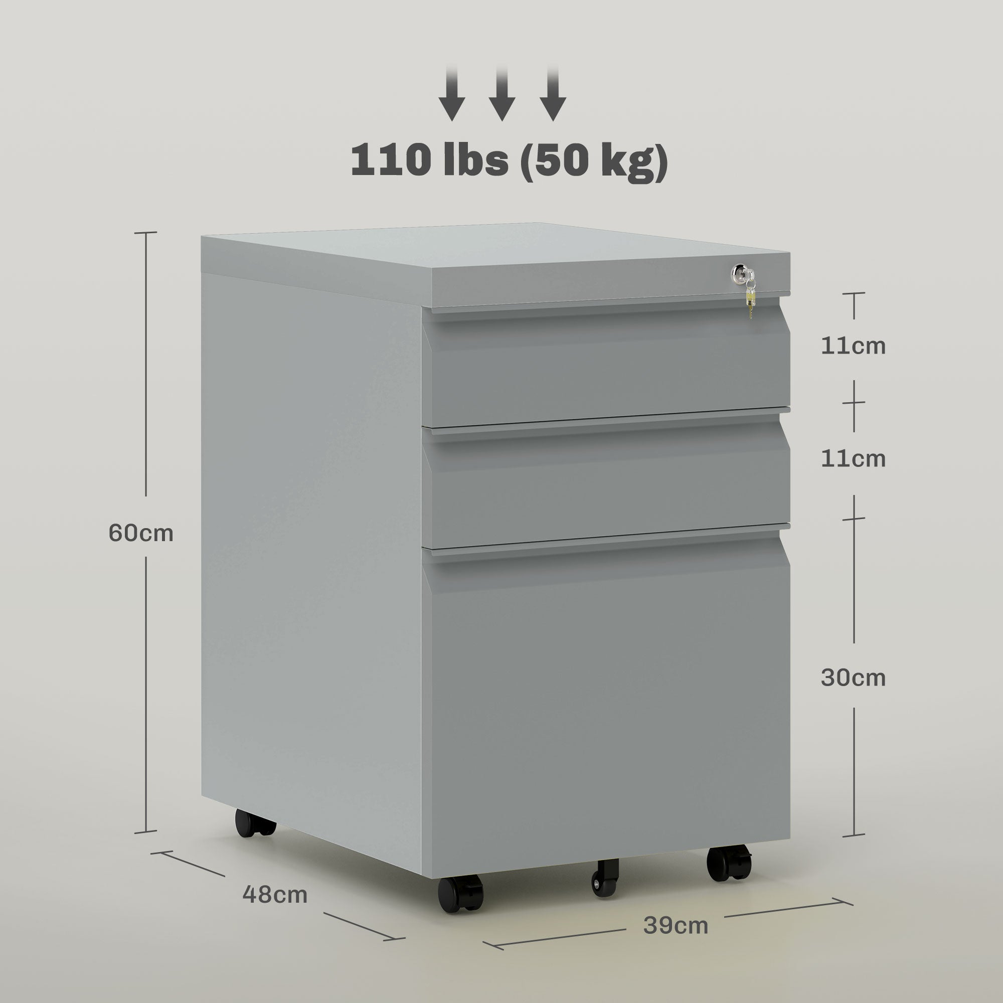 Vinsetto 3 Drawer Filling Cabinet, Mobile Metal File Cabinet with Anti-tilt Design for Letter, A4, Legal Size, Grey 