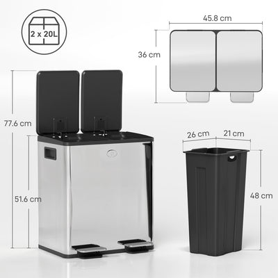 HOMCOM 40L Dual Compartment Stainless Steel Bin, with Deodoriser Holders - Silver Tone 
