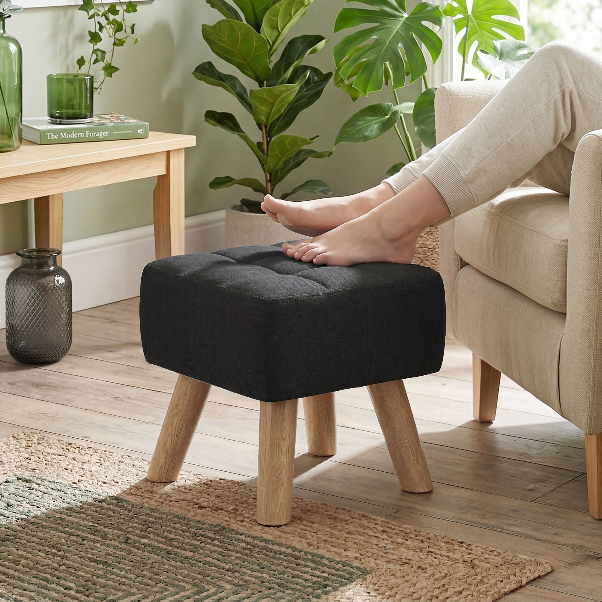 HOMCOM Linen-Look Square Padded Footstool - Black 