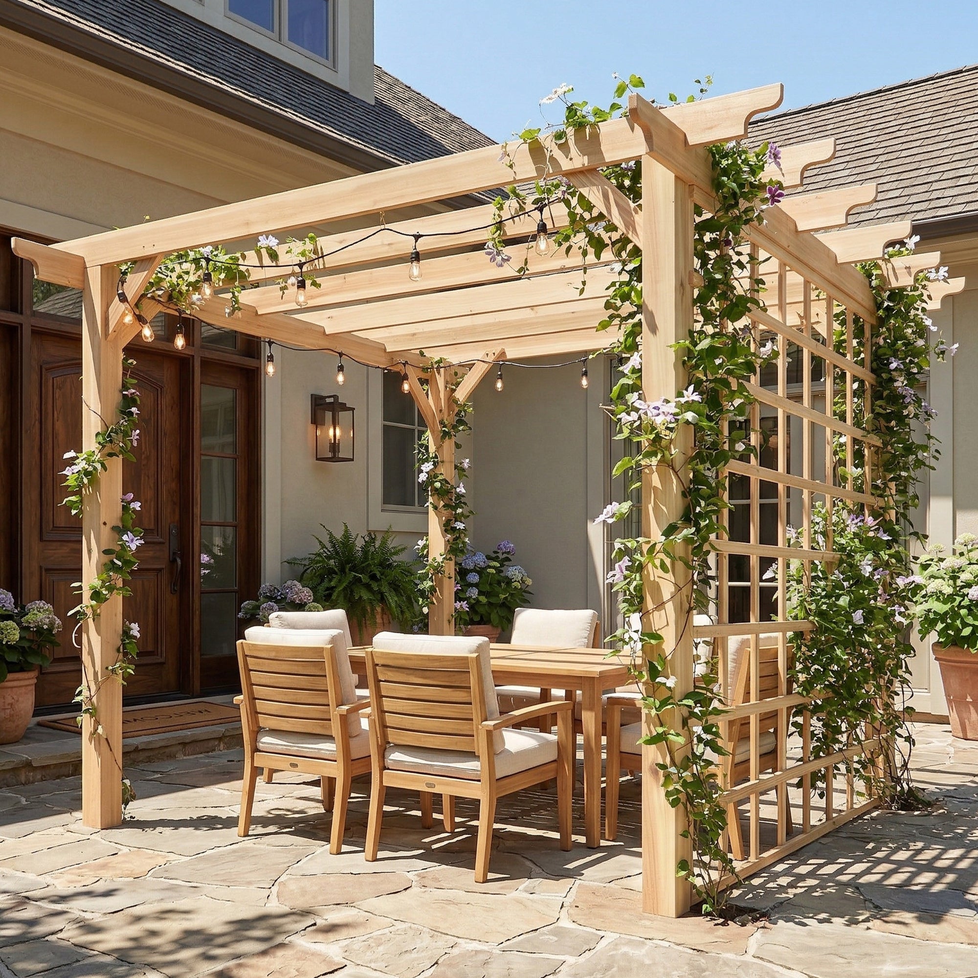 Outsunny 3 x 3 m Wooden Pergola Kit, Garden Pergola Gazebo Arch with Trellis for Climbing Vines, Flowers, Nature Wood Finish 