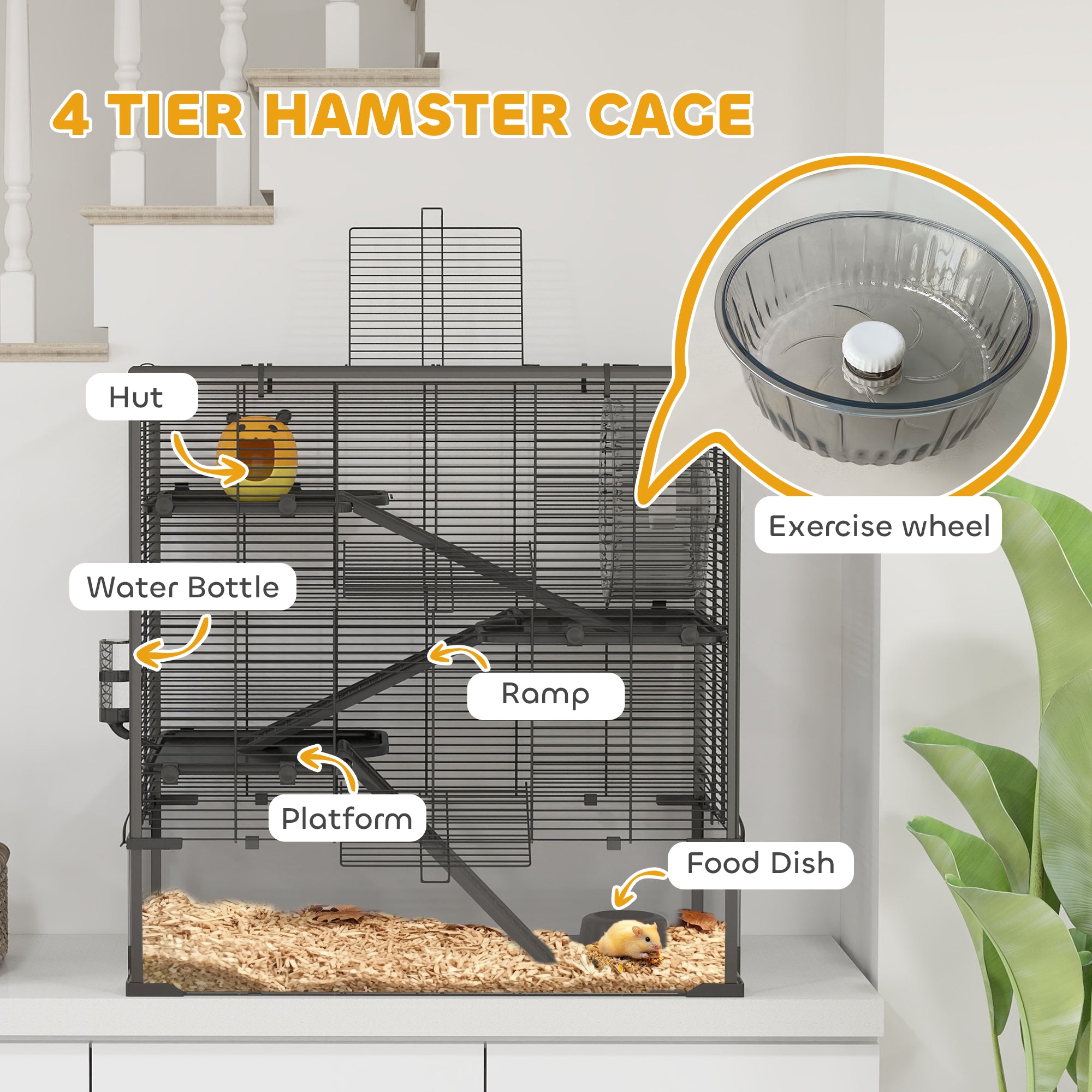 PawHut 4 Tiers Hamster Cage with Deep Tempered Glass Bottom, Hut, Running Wheel, Food Dish, Water Bottle, 78.5 x 48.5 x 80cm 