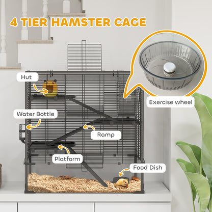 PawHut 4 Tiers Hamster Cage with Deep Tempered Glass Bottom, Hut, Running Wheel, Food Dish, Water Bottle, 78.5 x 48.5 x 80cm 