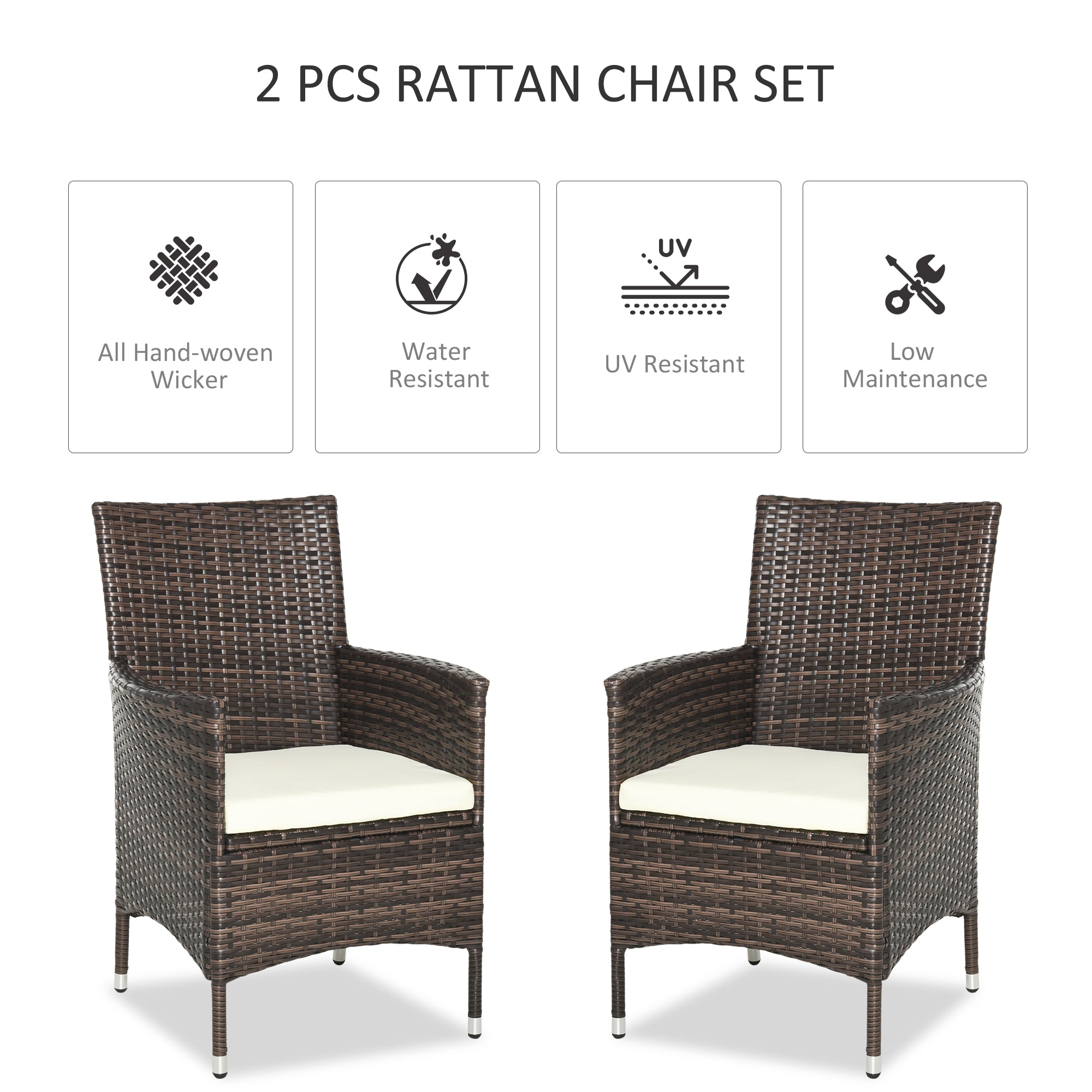Outsunny 2 PC Outdoor Rattan Armchair Dining Chair Garden Patio Furniture w/ Armrests Cushions Mixed Brown