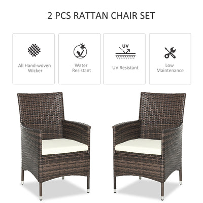 Outsunny 2 PC Outdoor Rattan Armchair Dining Chair Garden Patio Furniture w/ Armrests Cushions Mixed Brown 