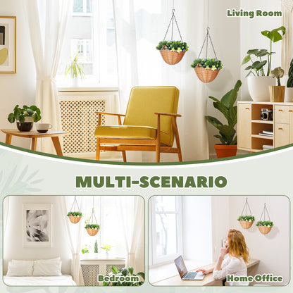 HOMCOM Pack of 2 Faux Plant Artificial Lisianthus Flowers, Hanging Planters with Basket, PE Leaves, 18 Flowers and 3 Pinecones, Decorative Faux Plants for Home Office Decor, Green