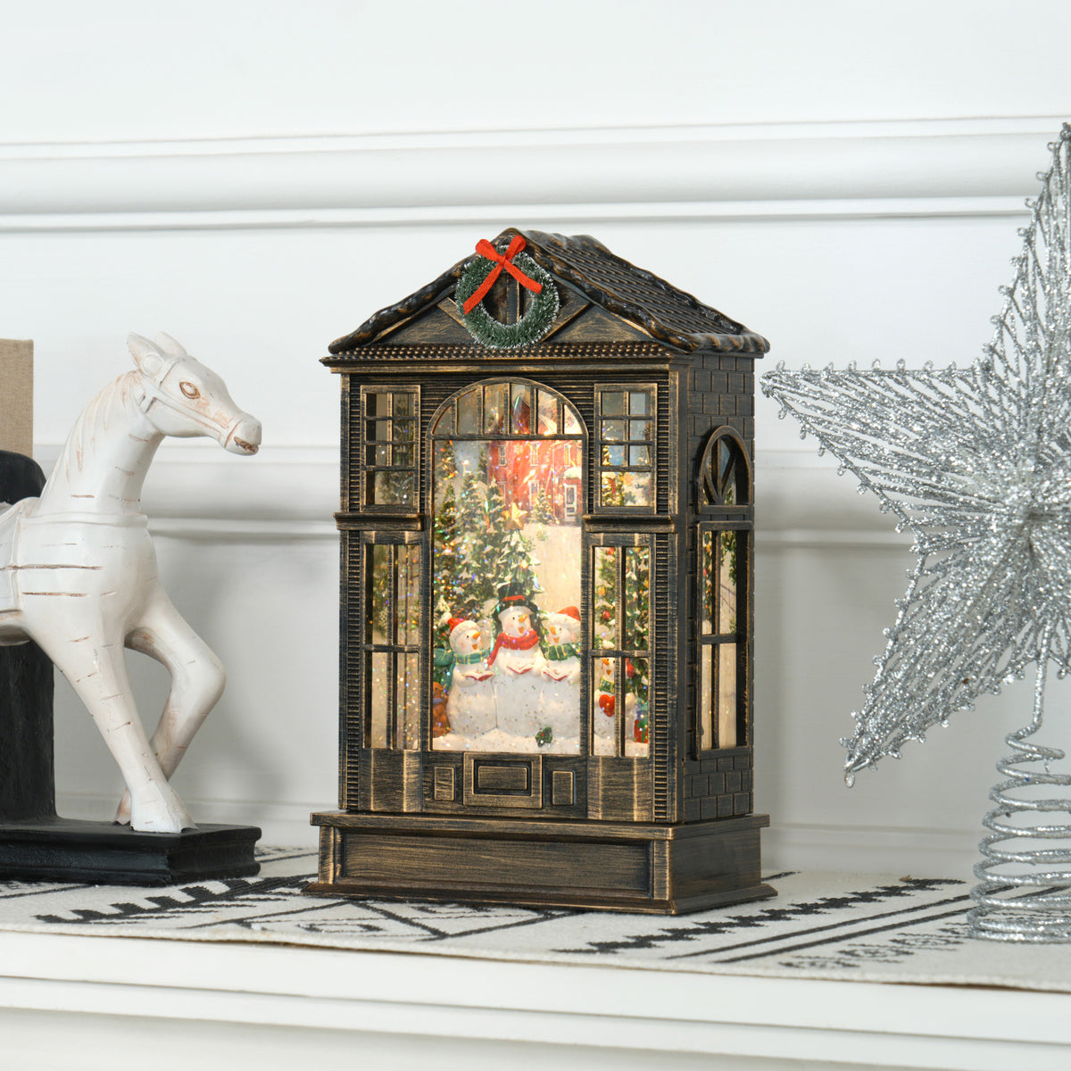 HOMCOM Christmas Snow Globe Lantern with Lights, Musical Snow Globe with Swirling Glitter, Battery Operated Musical Christmas Decoration for Holiday Party Gift, Bronze Tone 