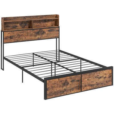 HOMCOM Industrial Double Bed Frame, 4.8FT Steel Bed Base with Storage Headboard, Footboard, Slatted Support and Under Bed Storage, 145 x 209cm, Rustic Brown 
