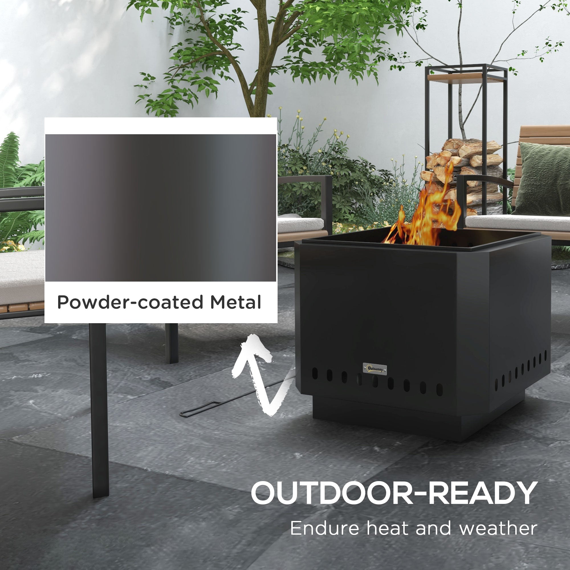 Outsunny Smokeless Fire Pit, 48 cm Portable Wood Burning Firepit, Square Metal Bonfire Stove with Poker, Black 
