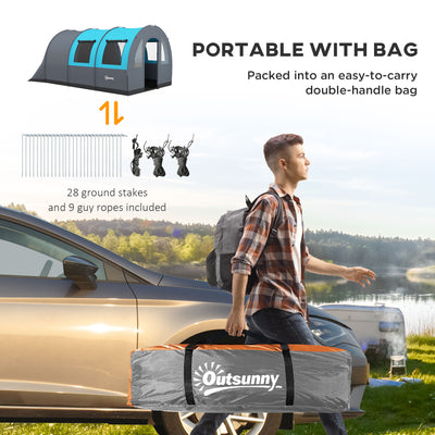 Outsunny Six Man Duo Room Tunnel Tent, with Accessories - Grey/Blue 