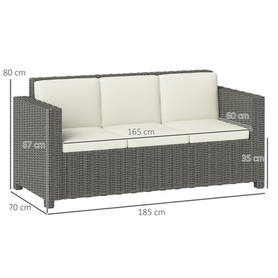 Outsunny 3 Seater Rattan Sofa All-Weather Wicker Weave Metal Frame Chair with Fire Resistant Cushio-Cream 