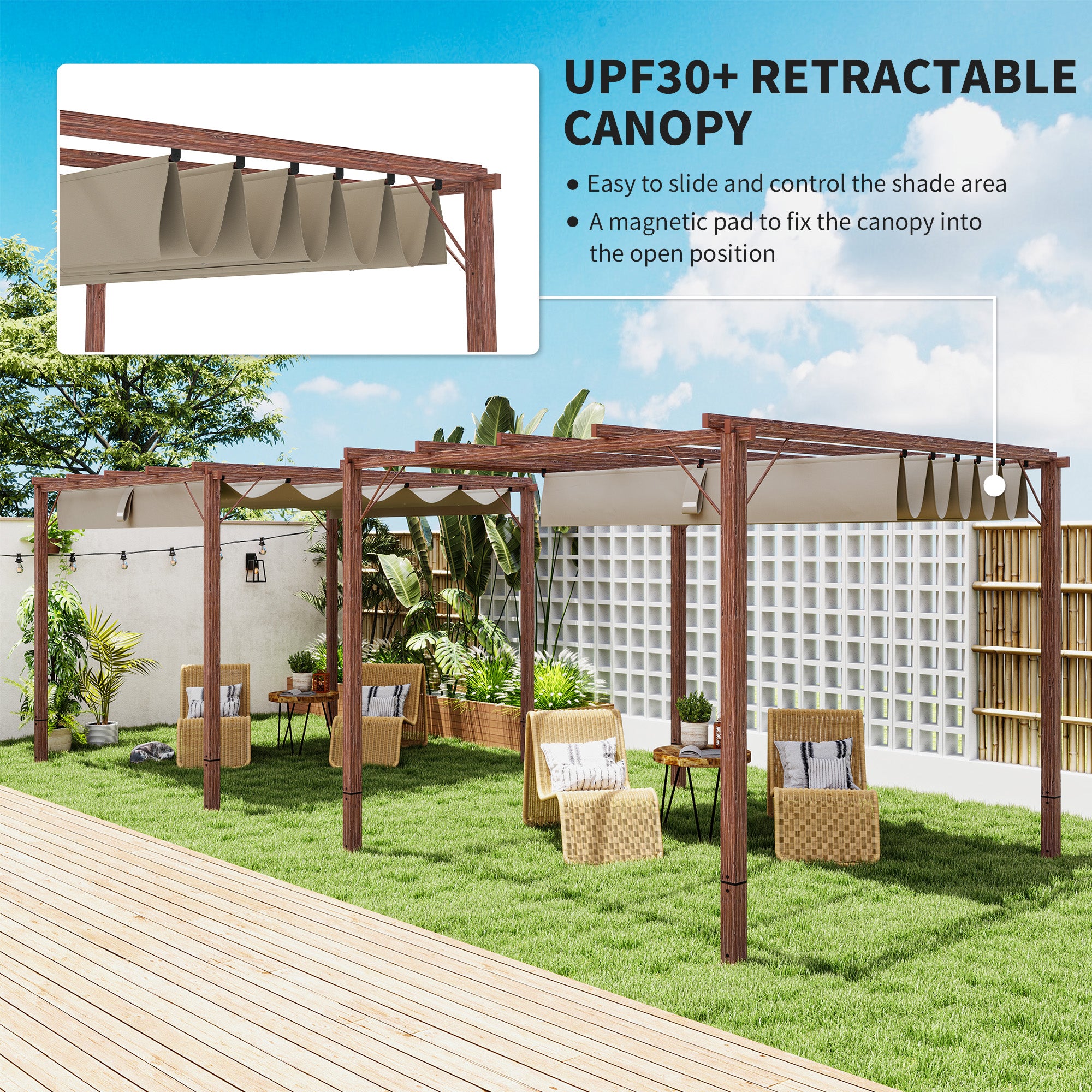 Outsunny 3 x 3 m Retractable Roof Pergola - Natural Wood Finish 