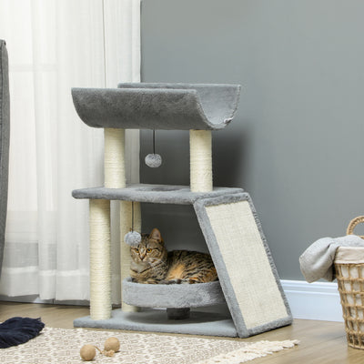 PawHut Cat Tree Tower, with Scratching Posts, Pad, Bed, Perch, Toy Ball - Light Grey 