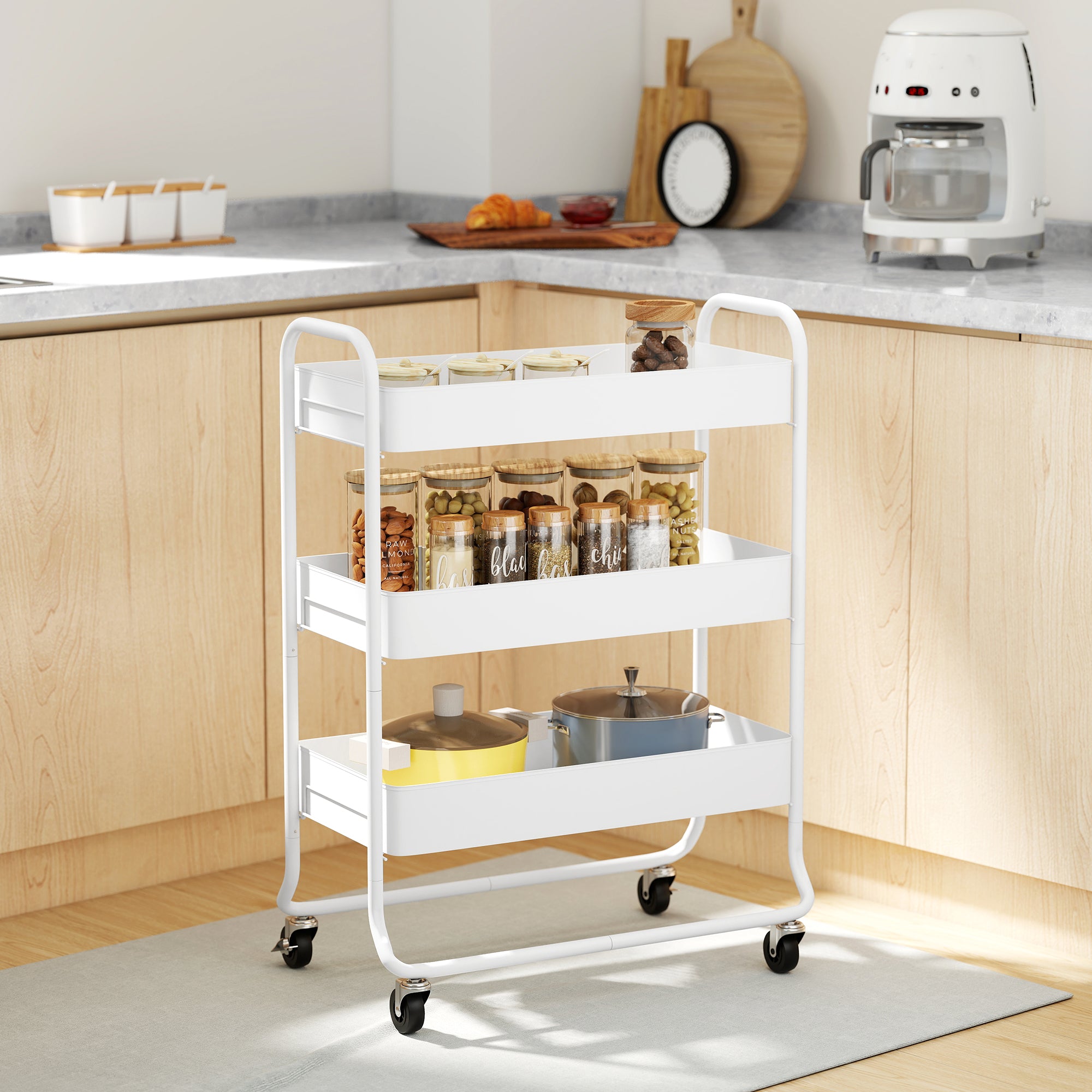 HOMCOM 3-Tier Storage Trolley on Wheels, Rolling Utility Cart with Mesh Backets for Kitchen, Bathroom, Bedroom, White 