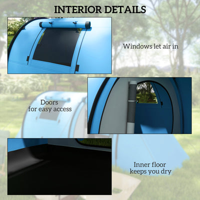 Outsunny Four Man Duo Room Tunnel Tent, with Accessories - Sky Blue 