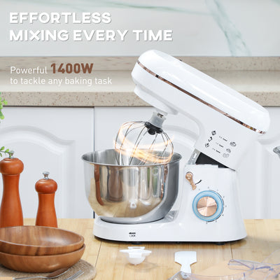 HOMCOM Stand Mixer, 5L Food Mixer for Baking, 6 Speeds and Pulse Setting, 1400W Cake Electric Kitchen Mixer with Dough Hook, Whisk, Stainless Steel Bowl, Splash Guard, Beater, White 