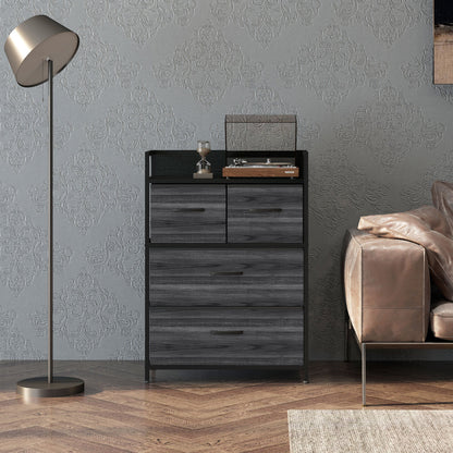 HOMCOM Rustic Chest of Four Fabric Drawers - Black 