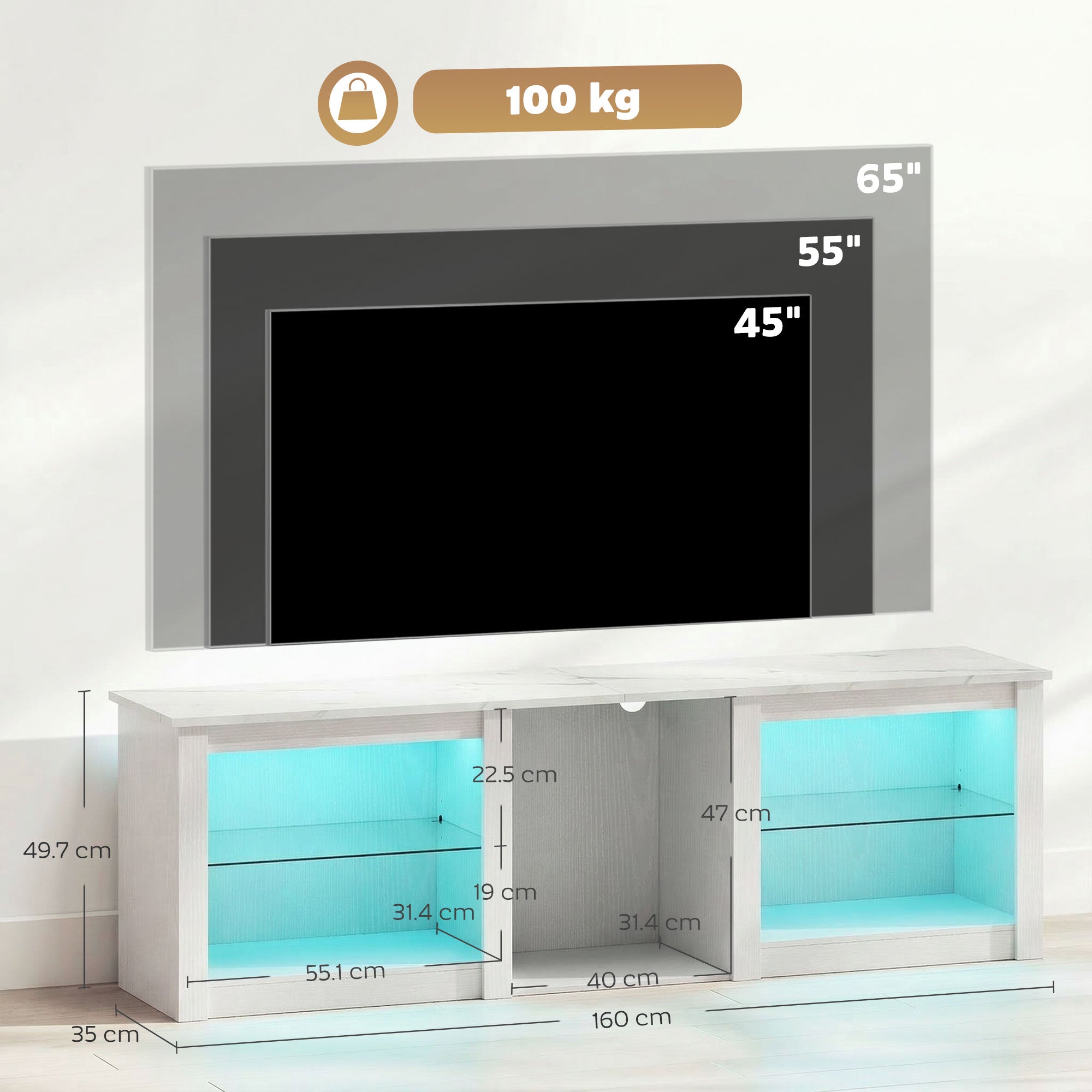 HOMCOM 70in TV Stand, with LED Lights and Storage - White 