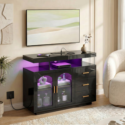 HOMCOM High Gloss Sideboard with LED Lights, Built-in Power Outlets, 3 Drawers, Shelves and 2 Acrylic Doors, Black