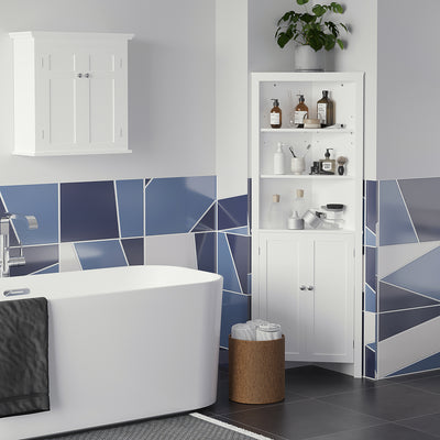 kleankin Triangle Bathroom Cabinet, Corner Bathroom Storage Unit with Cupboard and 3-Tier Shelves, Free Standing, White 