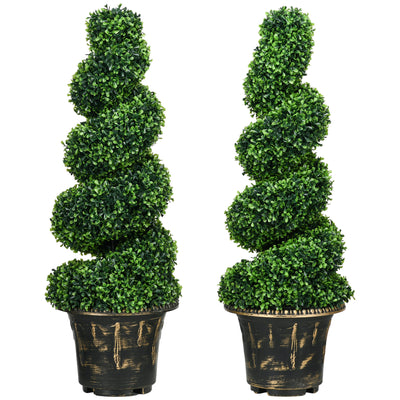HOMCOM Set of 2 Artificial Plants, Topiary Spiral Boxwood Trees with Pot, for Home Indoor Outdoor Decor, 90cm 