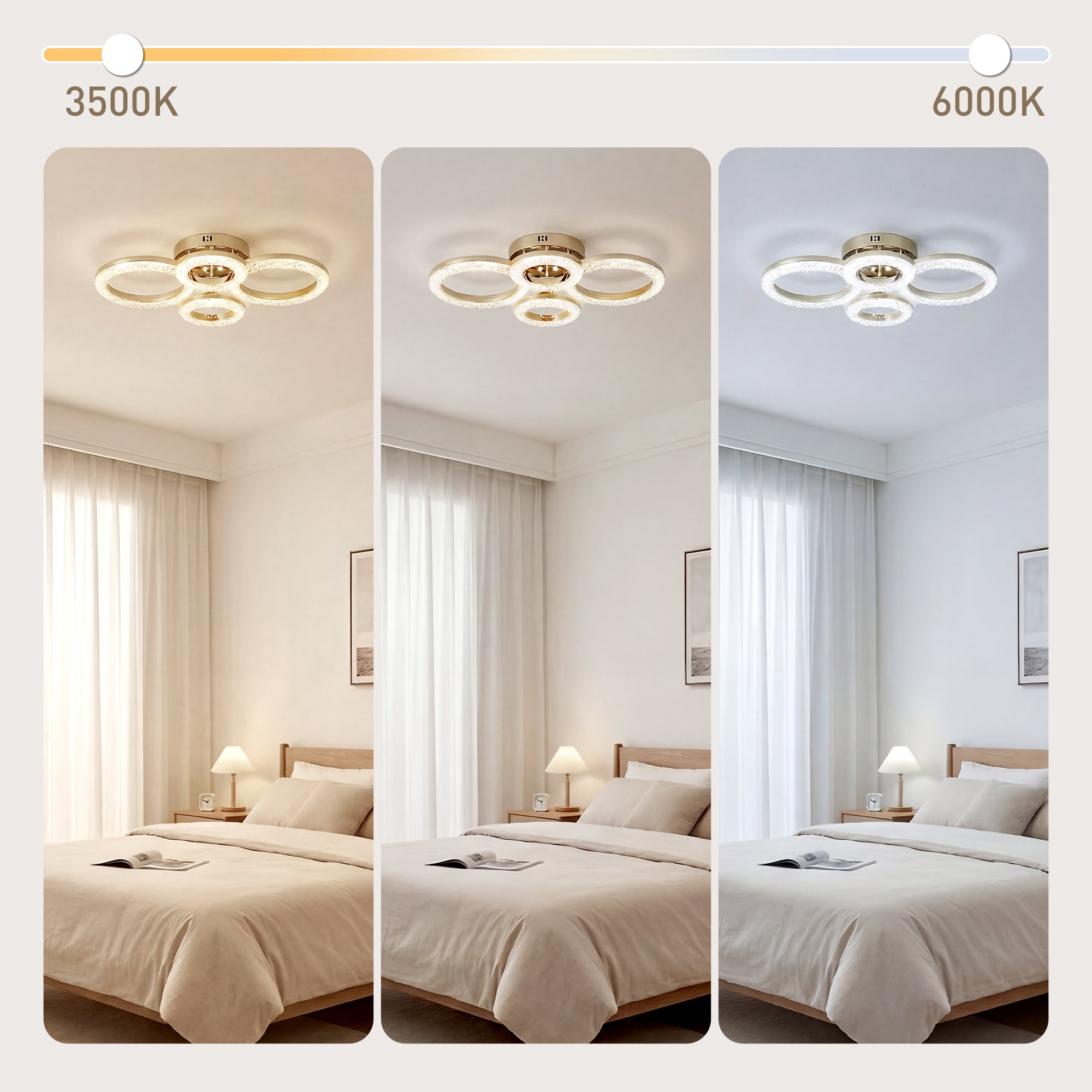 HOMCOM LED Ceiling Light, Modern Dimmable 4 Rings Ceiling Lamp with Wall Switch, 40W 4350lm Flush Mount Ceiling Light with 3500K/4500K/6000K Colour Temperatures for Living Room, Bedroom, Gold Tone 