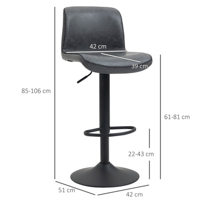 HOMCOM Set of 2 Bar Stool Adjustable Height Swivel Footrest and Base for Breakfast Bar, Kitchen and Home, Dark Grey 