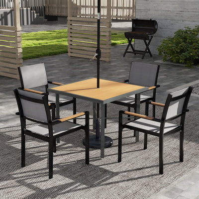 Outsunny Garden Table, 90cm Square Outdoor Patio Dining Table with 4.2 cm Umbrella Hole, Metal Frame, Wood Effect Top, for Terrace, Balcony, Natural Wood Finish 
