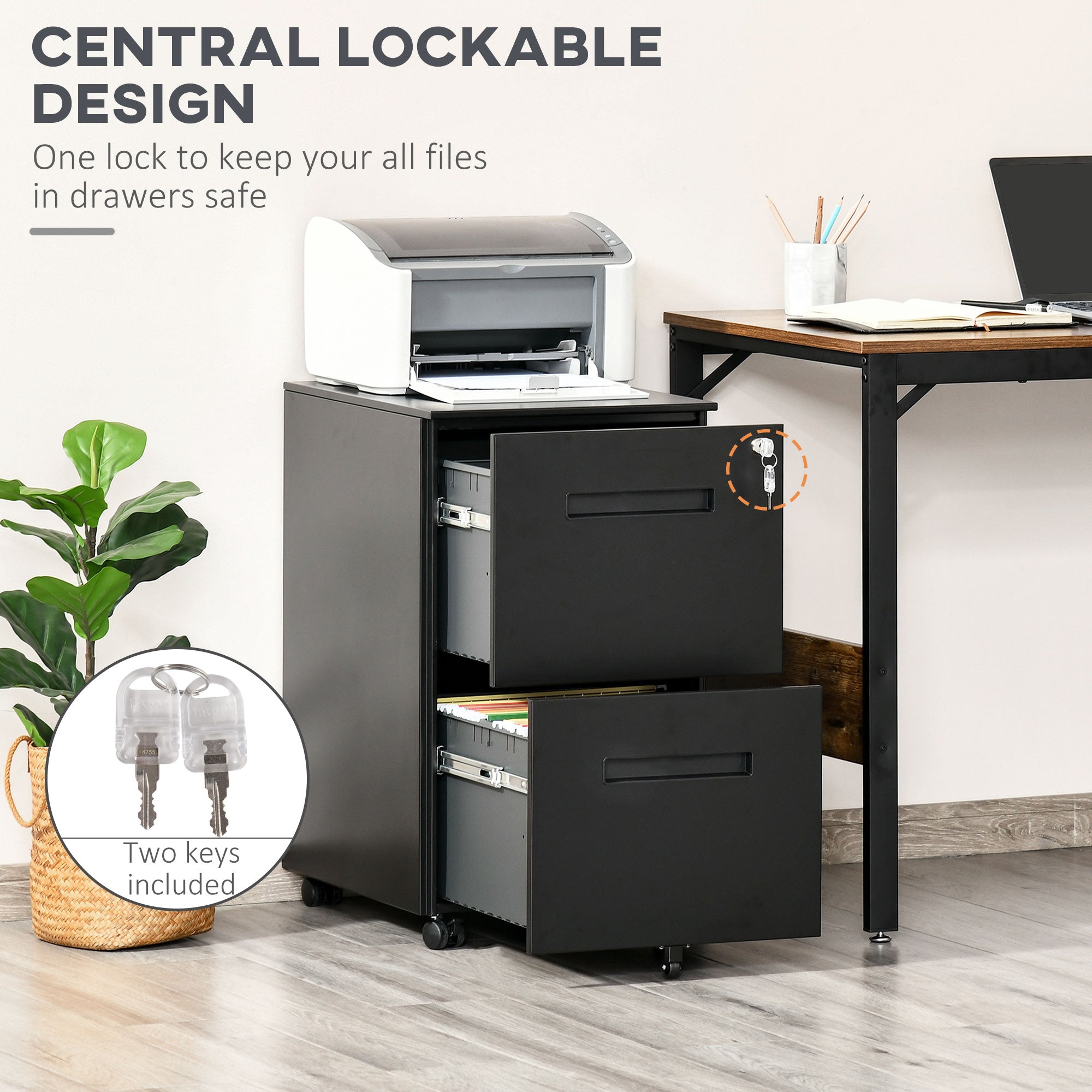 Vinsetto Metal Mobile File Cabinet with Wheels, Lockable 2 Drawer Filing Cabinet for A4, Legal, Letter, Compact Under Desk Storage Unit with Pre-Assembled Body for Home Office, 39 x 48 x 67cm, Black 