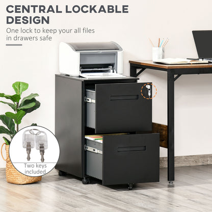 Vinsetto Metal Mobile File Cabinet with Wheels, Lockable 2 Drawer Filing Cabinet for A4, Legal, Letter, Compact Under Desk Storage Unit with Pre-Assembled Body for Home Office, 39 x 48 x 67cm, Black 