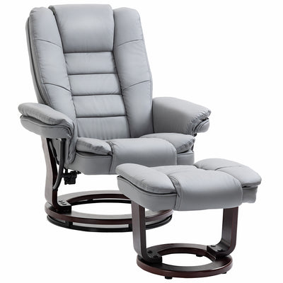 HOMCOM Manual Recliner and Footrest Set PU Leather Leisure Lounge Chair Armchair with Swivel Wood Base, Grey 