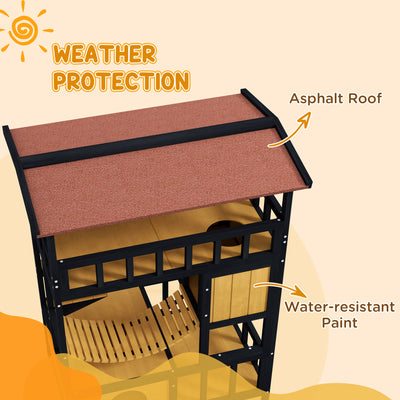 PawHut Outdoor Cat Shelter, Four-Tier Wooden Feral Cat House, with Suspension Bridge, Cat Houses, Balcony, Escape Doors 