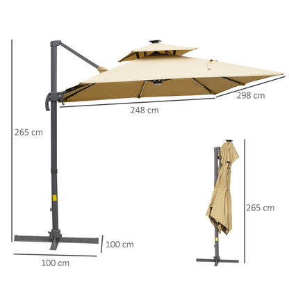 Outsunny 3m Cantilever Parasol, Outdoor Offset Patio Umbrella, Solar LED Lighted Hanging Sun Shade Canopy with Tilt and Crank Handle, Cross Base for Lawn, Khaki 