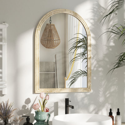 HOMCOM Arched Wall Mirror with Grooved Edge & Hooks, Wall-Mounted Mirror, Modern Tempered Glass & Polystyrene Beige 