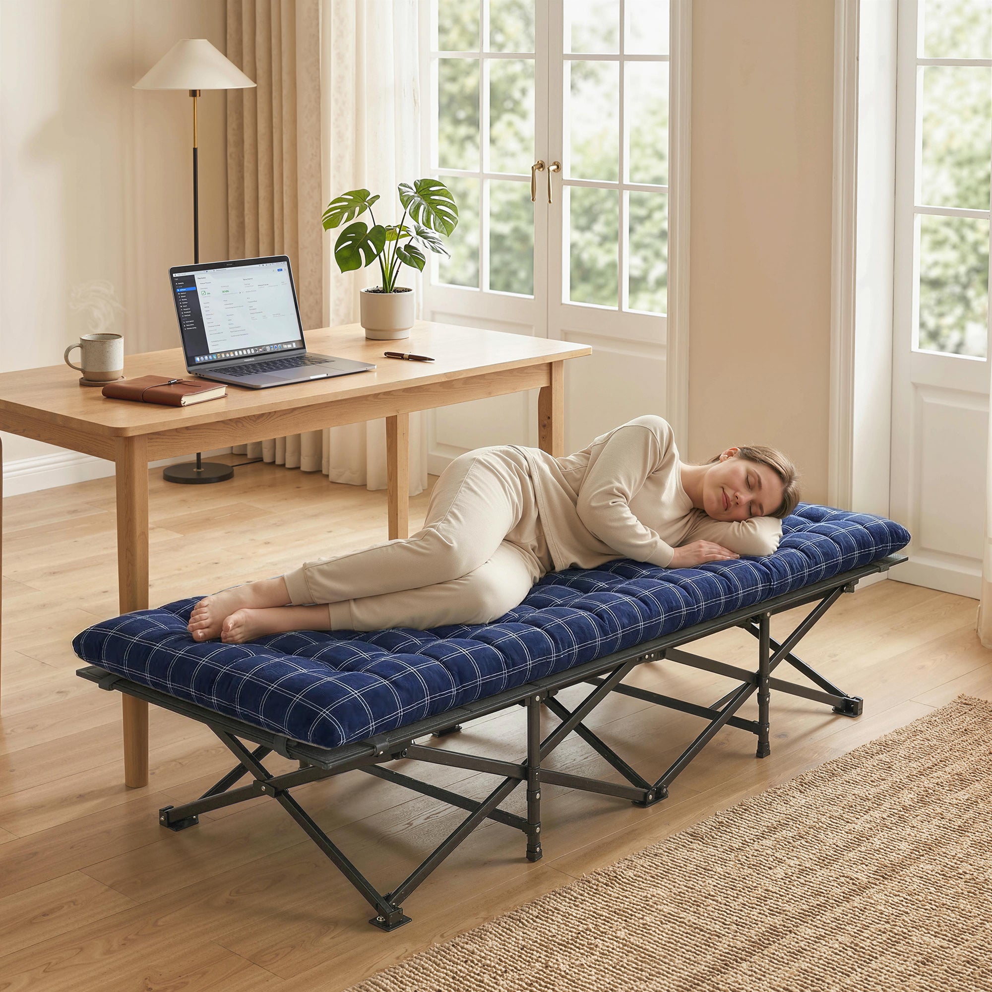 Outsunny Camping Cot with Soft Pad, 80cm Extra Wide Folding Cots with Side Pocket and Carry Bag, Blue 